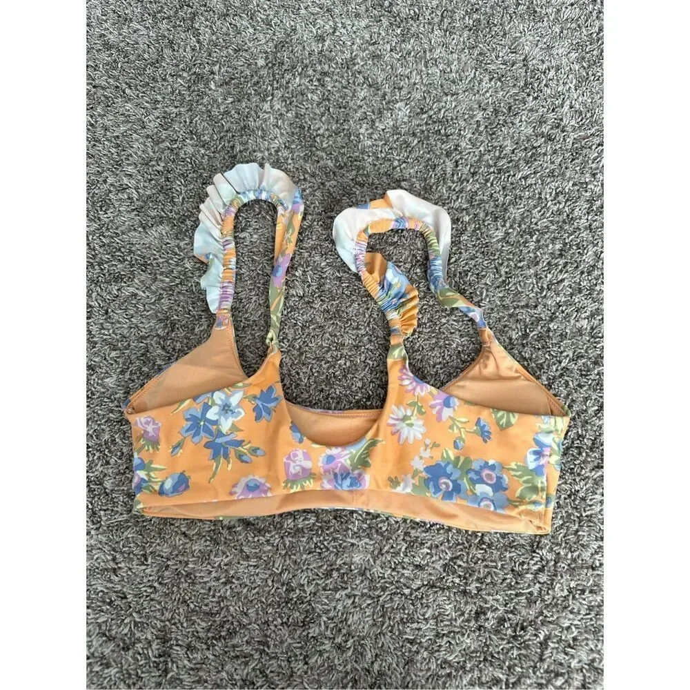 aerie floral print ruffle straps scoop neck bikini swim top size medium orange